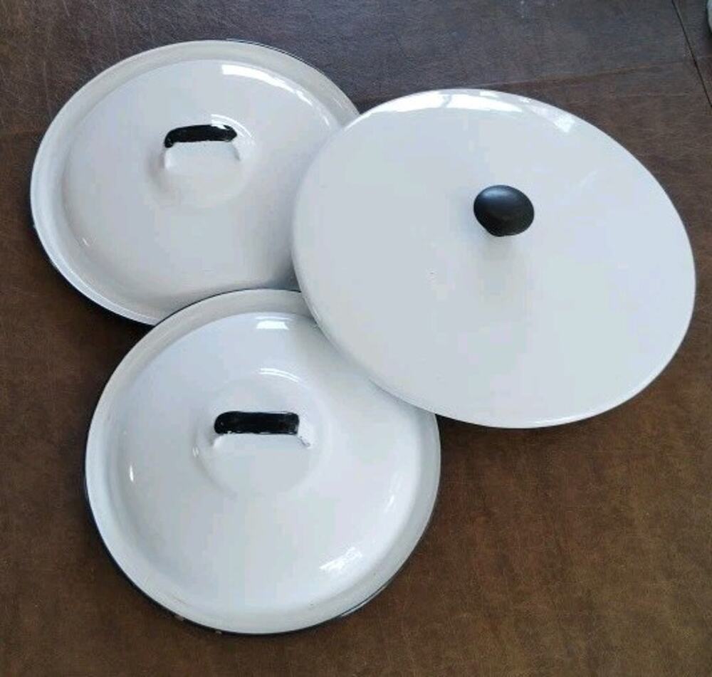 3 Vintage Enamelware Lids Black Handles